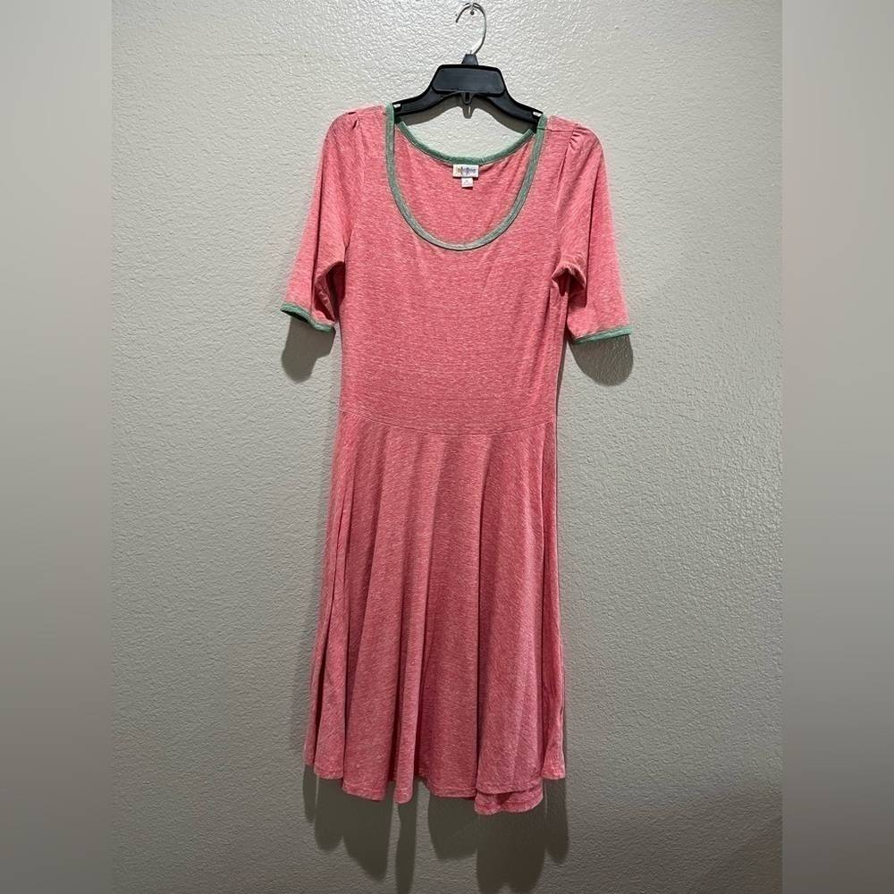 Lula Roe Pink Green Trim Midi Dress Short Sleeve Size Medium Vaca Summer TC0624